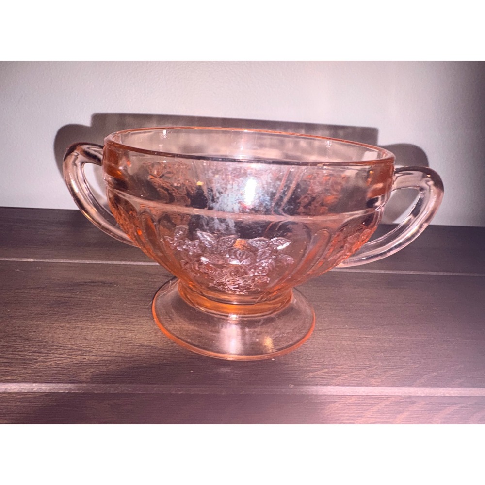Vintage Federal‎ Glass Sharon Cabbage Rose Pink Depression Glass Sugar Bowl
